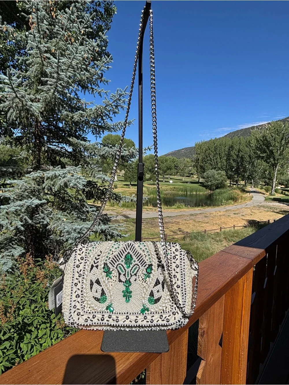 America and beyond Gorgeous Beaded White Shoulder Bag with Green black Accents